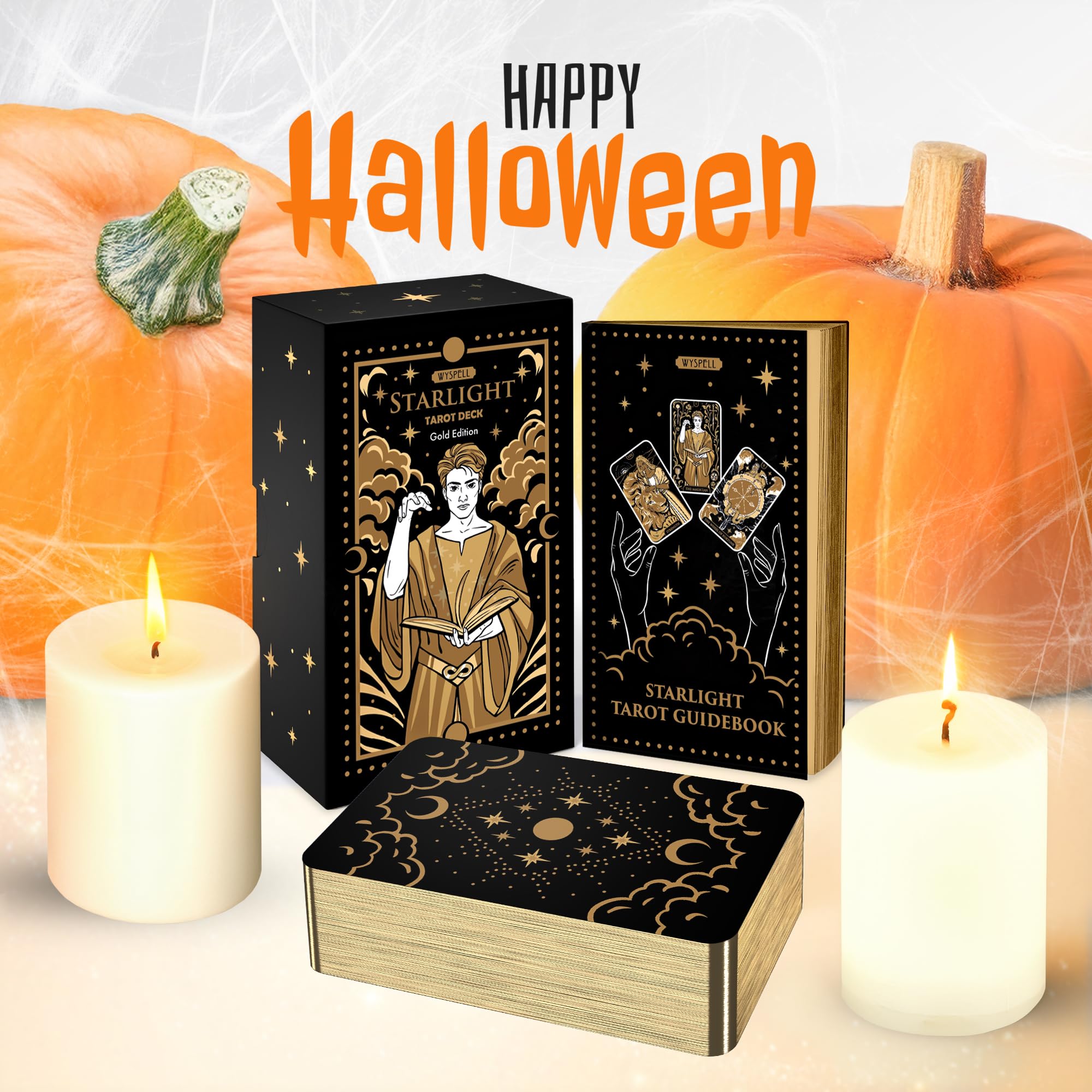 Wyspell Tarot Cards: Starlight Tarot Deck with Guide Book - Unique Tarot Card Deck for Beginners - Modern Fortune Telling Cards (Gold)