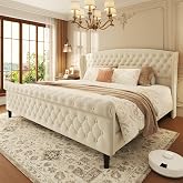 HISOFT King Platform Bed Frame, Velvet Upholstered Sleigh Bed with Wingback Tufted Headboard and Footboard, Noise-Free Design, Easy Assembly, No Box Spring Needed, Light Beige