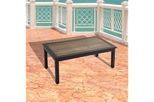 Festival Depot Patio Coffee Table Metal Table with Wood Grain Top Outdoor Furniture for Porch Garden (Rectangle)