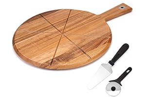 Acacia Wood Pizza Peel, 12 Inch Wooden Paddle Cutting Board Set with Cutter and Server, Versatile Board with Handle for Bakin