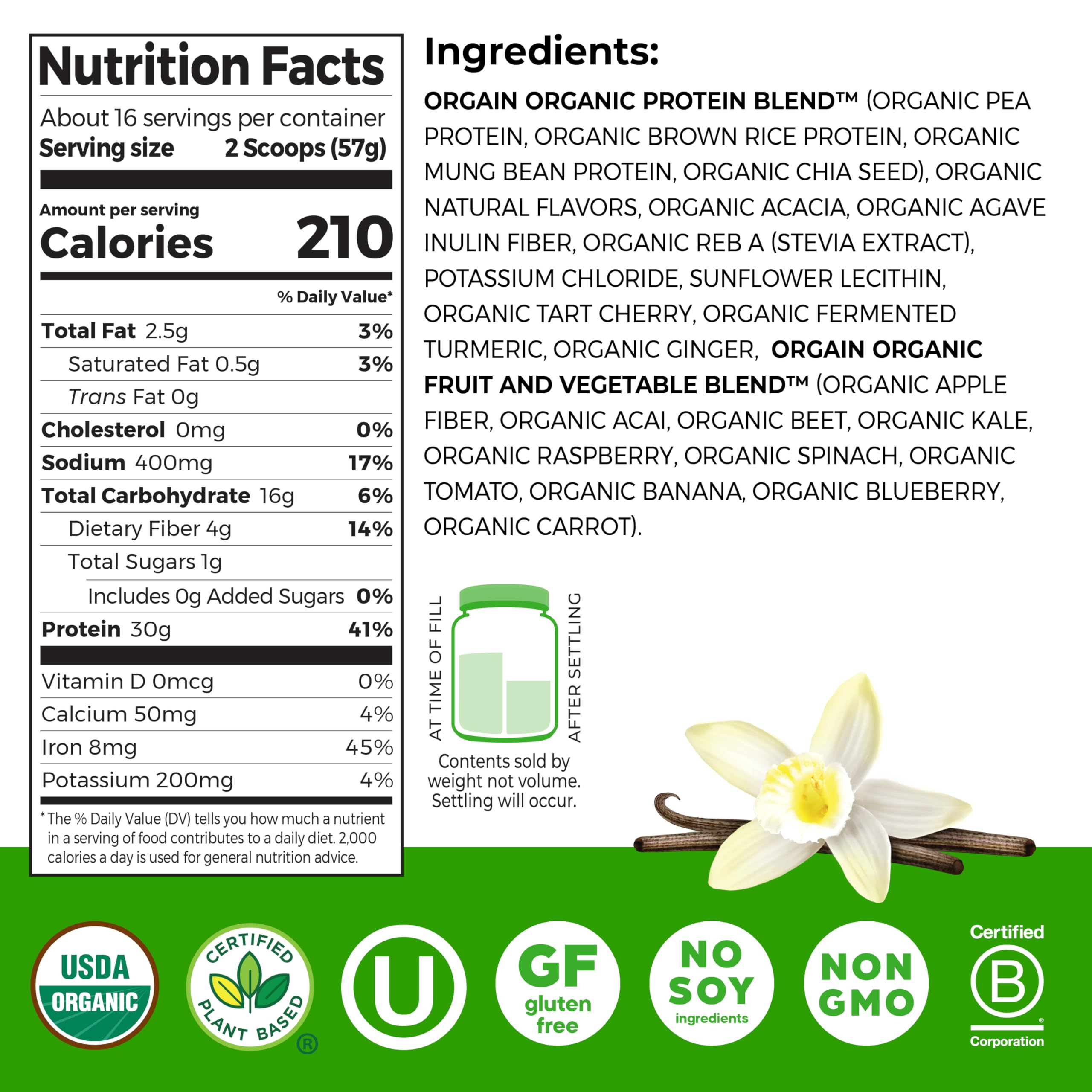 Orgain Organic 30g Vegan Protein Powder, Vanilla, 9g EAAs + BCAAs, Plant Protein, 4g Prebiotic + Fiber, 1g Sugar, Pre-Workout, Muscle Support Recovery - 2.01lb