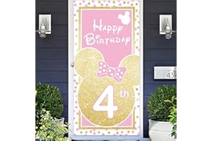 COOSOAR Cartoon Golden Pink Mouse Happy 4th Birthday Photo Banner Backdrop Background Supplies Favors Backdrop Balloons Theme Decor for Boy Girl Princess High Chair Birthday Party Baby Shower Decorations