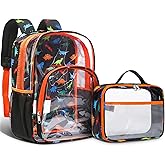 BLUEFAIRY Clear Backpack for School with Lunch Box for Kids Boys Girls Large PVC See Through Bookbag and Lunch Bag for Elementary 17 Inch Heavy Duty Transparent Bags for Stadium (Dinosaur, Orange)