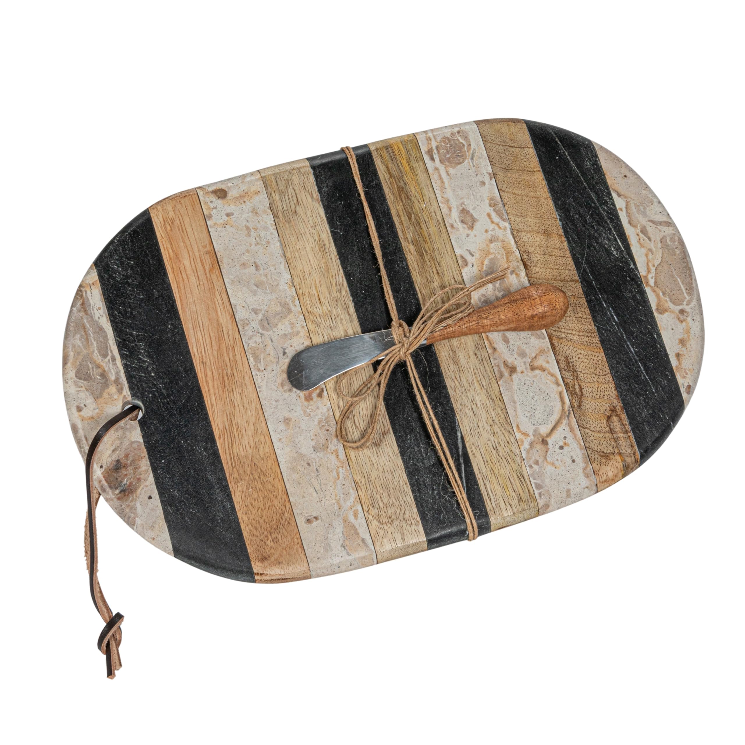 Photo 1 of **WOOD SEPERATED**Creative Co-Op Marble and Mango Wood Cheese Board Set with Knife, Multicolor