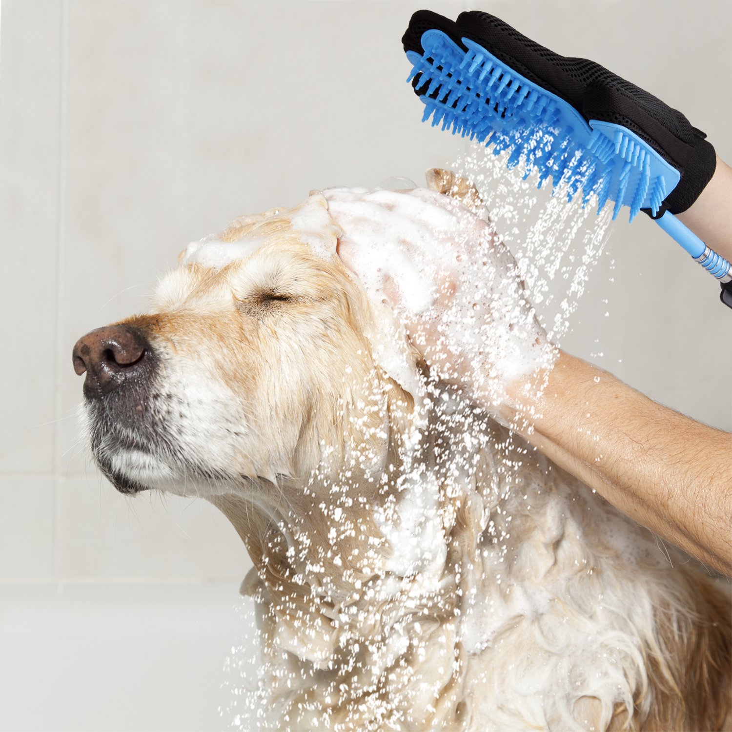 WOWGO 2018 NEU Haustier Baden Dusche Duschhandschuh Hundedusche - Reinigungs-Handschuh mit 3 Wasserhahn-Anschlüssen für Hunde Katzen Pferde für Drinnen und im Freien