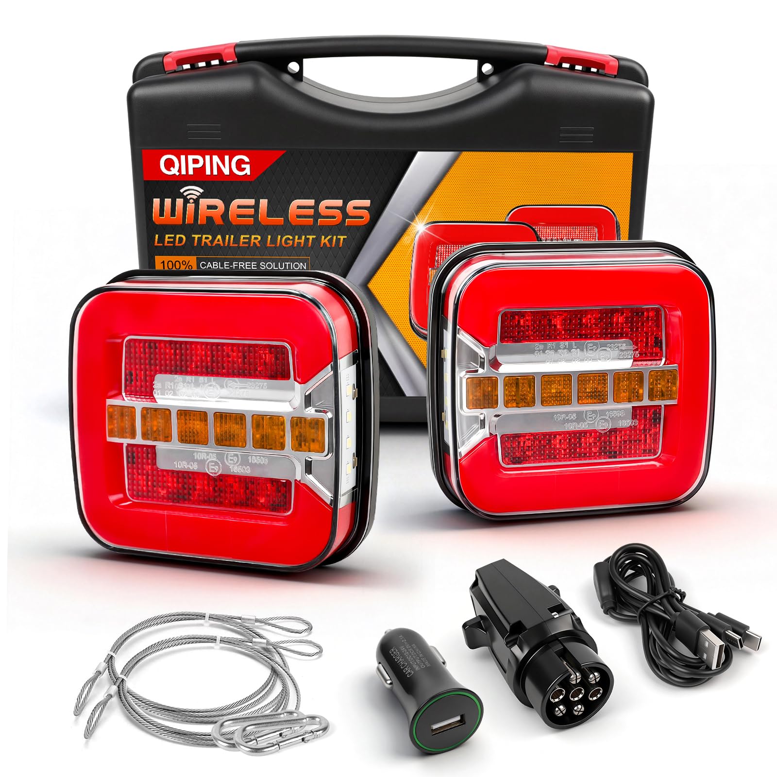 Qiping Wireless Trailer Lights, 12V LED Magnetic Trailer Lights, IP67 Waterproof, Rechargeable, Tail Lamps Set for Car Truck Caravan Lorry RV E9 Approved