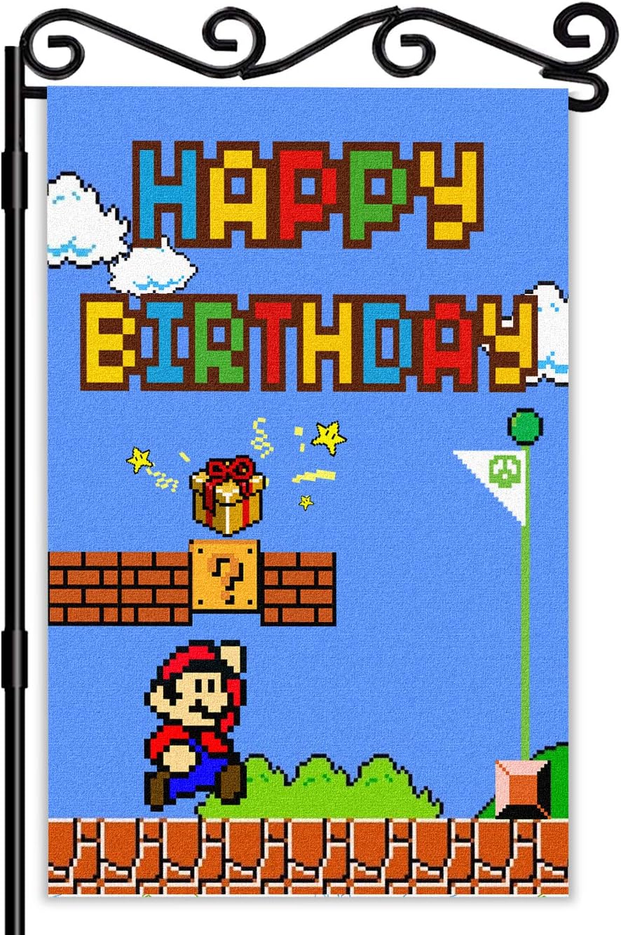 LYNHEVA Super Mario Happy Birthday Garden Flag- Mario Game Scene Yard Flag- Mario Bros Theme Birthday Party Decoration Supplies- 12"x18" Double Sided Outdoor Decor Flag