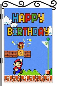LYNHEVA Super Mario Happy Birthday Garden Flag- Mario Game Scene Yard Flag- Mario Bros Theme Birthday Party Decoration Supplies- 12"x18" Double Sided Outdoor Decor Flag