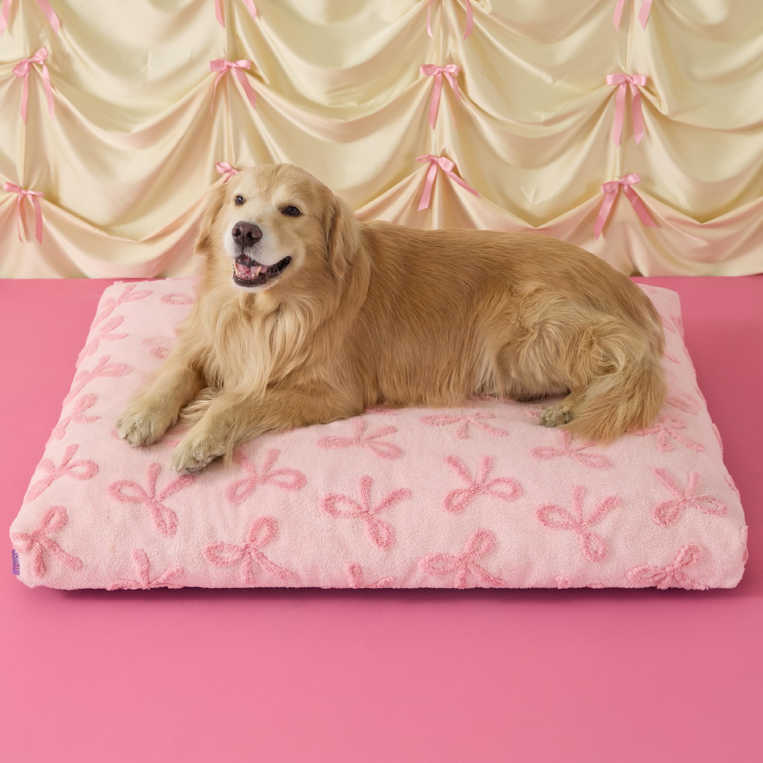 LE SURE Extra Large Dog Bed-Thick Shredded Chopped Foam Pet Bed as Gift for Indoor with Removable Cover, Cute Modern Fuzzy Plush & Anti Slip Bottom,Bow Pink Image