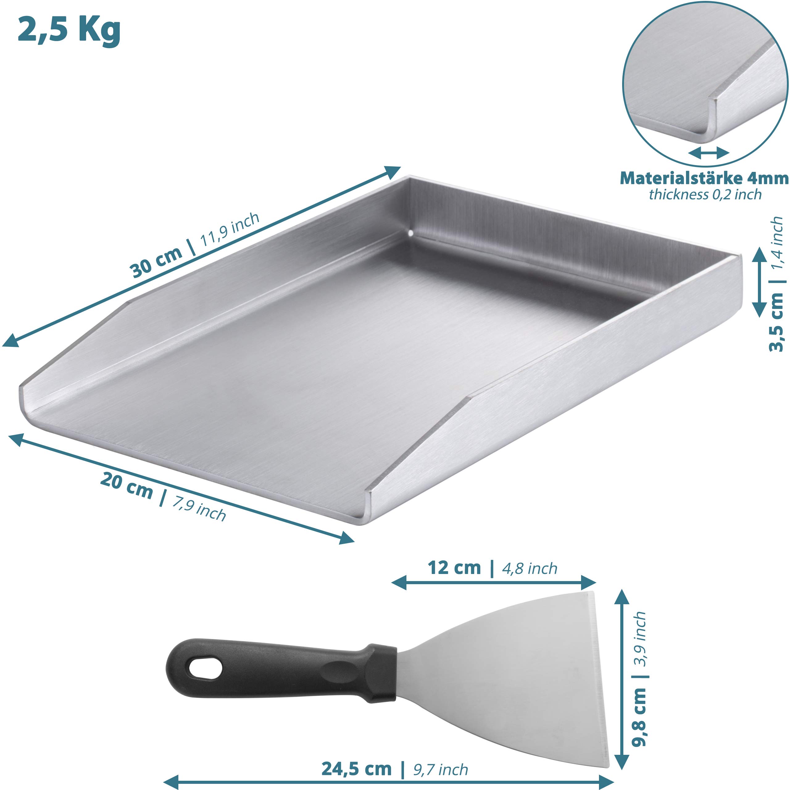 Smartpeas Edelstahl Grillplatte - Plancha Universalgröße 20 X 30 Cm Für Viele Kohle - Und Gasgrills Plus Grillspachtel 6