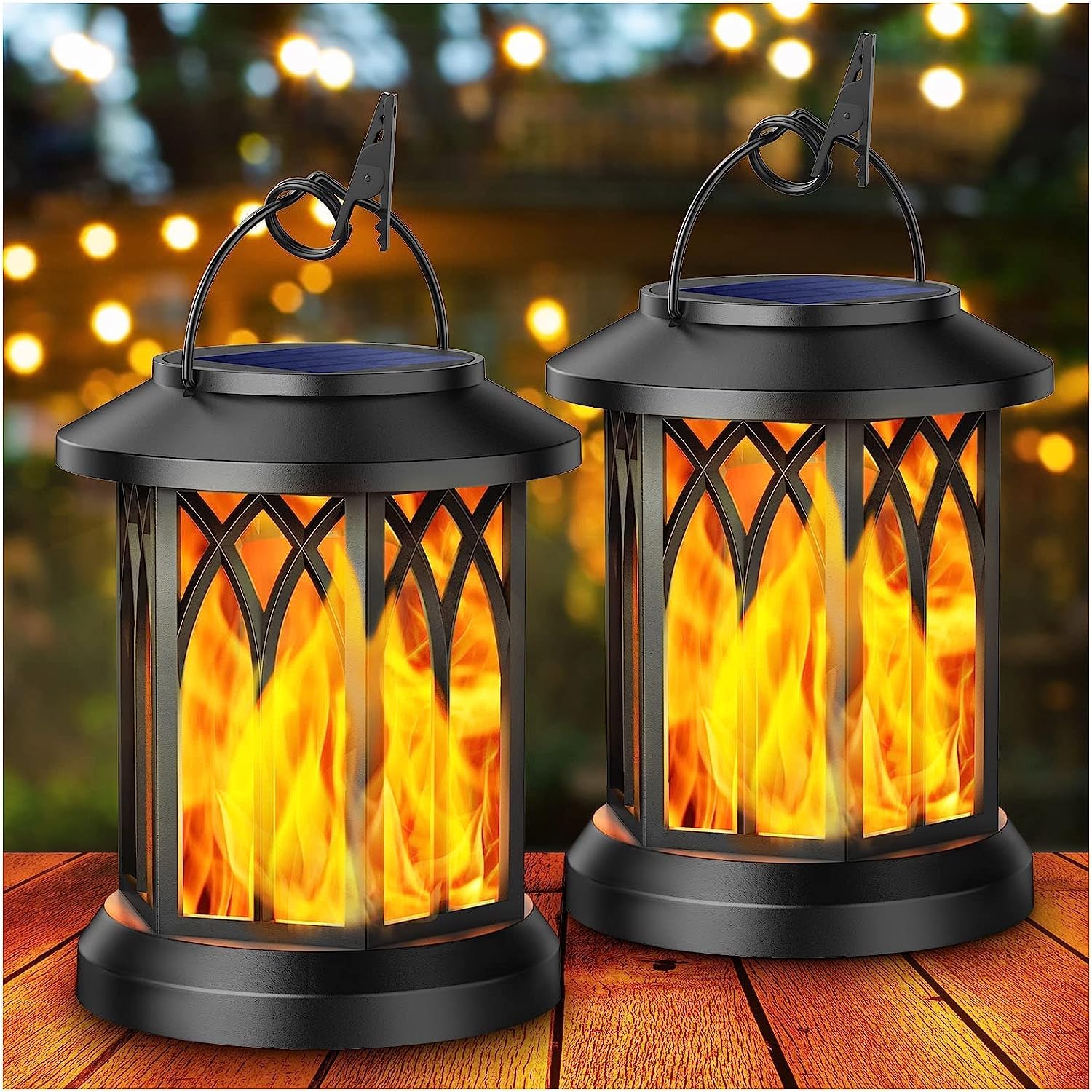 KOOPER Solar Lights Outdoor Garden, 2 Pack Hanging Solar Lanterns with Realistic Flickering Flame LED, Waterproof Flame Effect Garden Ornaments Birthday Gifts for Women for Pathway Patio Decoration