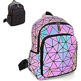 CAFINY Geometric Women's Backpack Geometries Glow Large Purse Backpack Geometrical Luminous Bag Holographic Travel Bags Retro Daypack for Casual, College, Work
