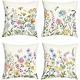 Joymaison Spring Summer Colorful Floral Throw Pillow Covers 18x18 Inch Set of 4 Garden Flowers Green Leaves Farmhouse Cushion Covers Home Decor for Couch Cushion Cases