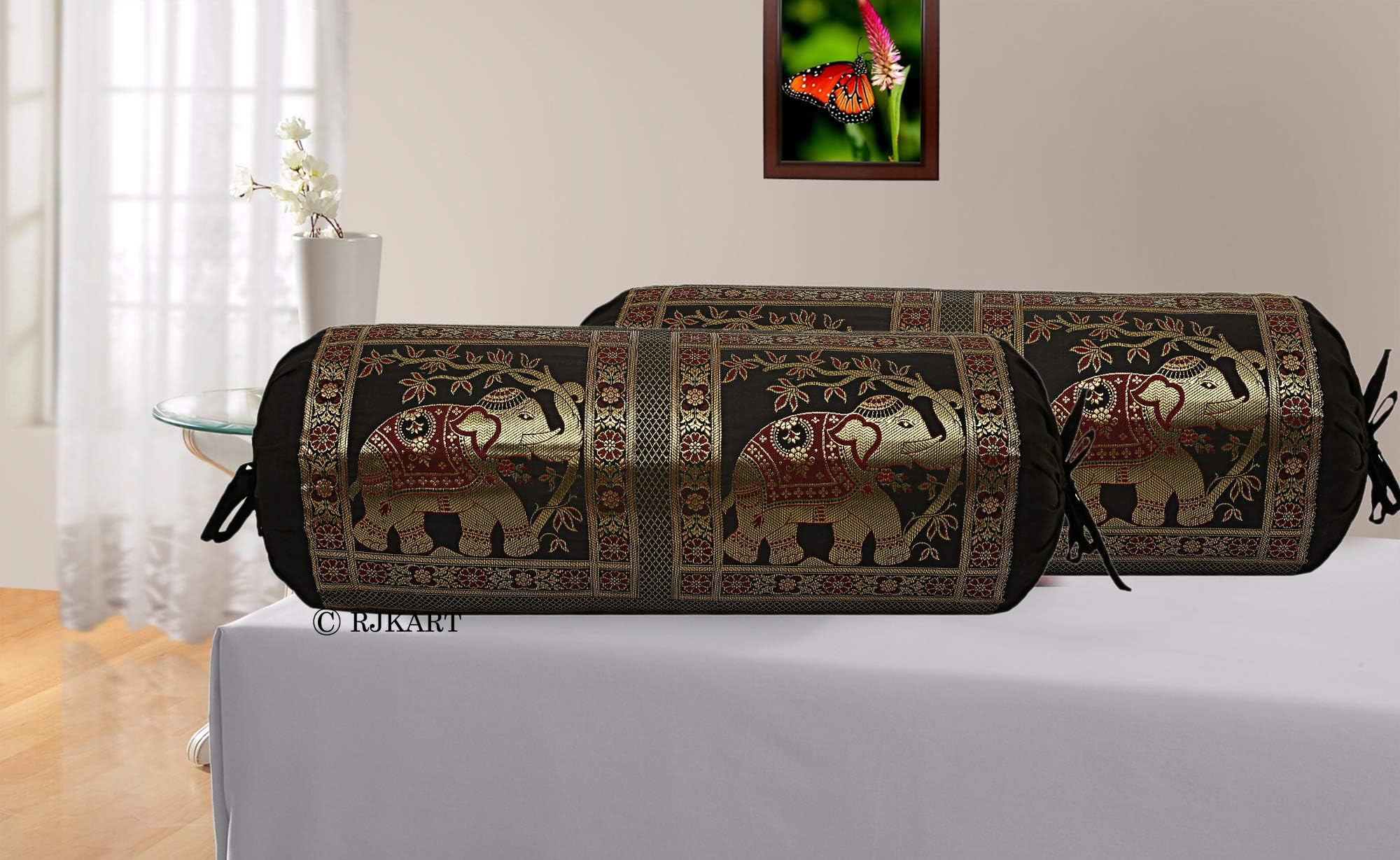 RJKart Brocade & Polydupion Silk Decorative Bolster Covers for Home Decor 30 x 15 inches Set of 2 Pcs (Black)