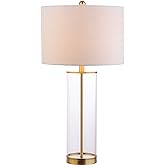 JONATHAN Y 29.25" Clear/Brass Gold Modern Glass Table Lamp for Living Room Bedroom, Minimalist Nightstand Bedside Lamp, White