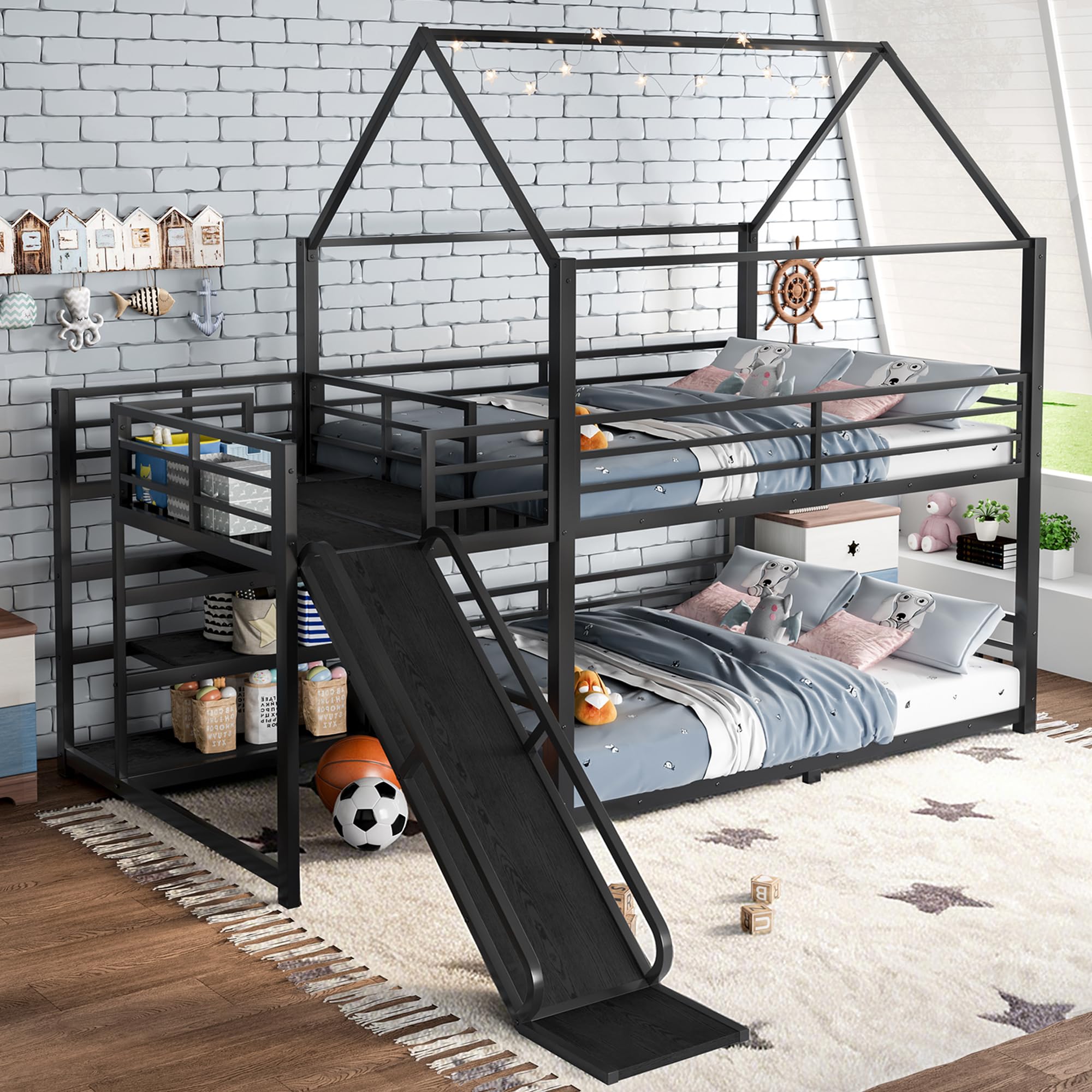 Photo 1 of **AS IS, FINAL SALE** Bellemave Full Over Full Bunk Bed with Slide, Kids House Floor Bunk Bed with Storage Stairs and Full Length Guardrail, Heavy Duty Bunk Beds for Girls, Boys, Black