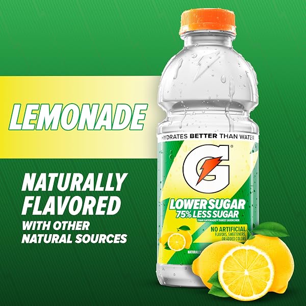 GATORADE LOWER SUGAR ELECTROLYTE SPORTS DRINK, LEMONADE, 12 FL OZ BOTTLES, (12 PACK), 75% LESS SUGAR, NO ARTIFICIAL FLAVORS, NO ARTIFICIAL SWEETENERS, NO ARTIFICIAL COLORS, HYDRATION