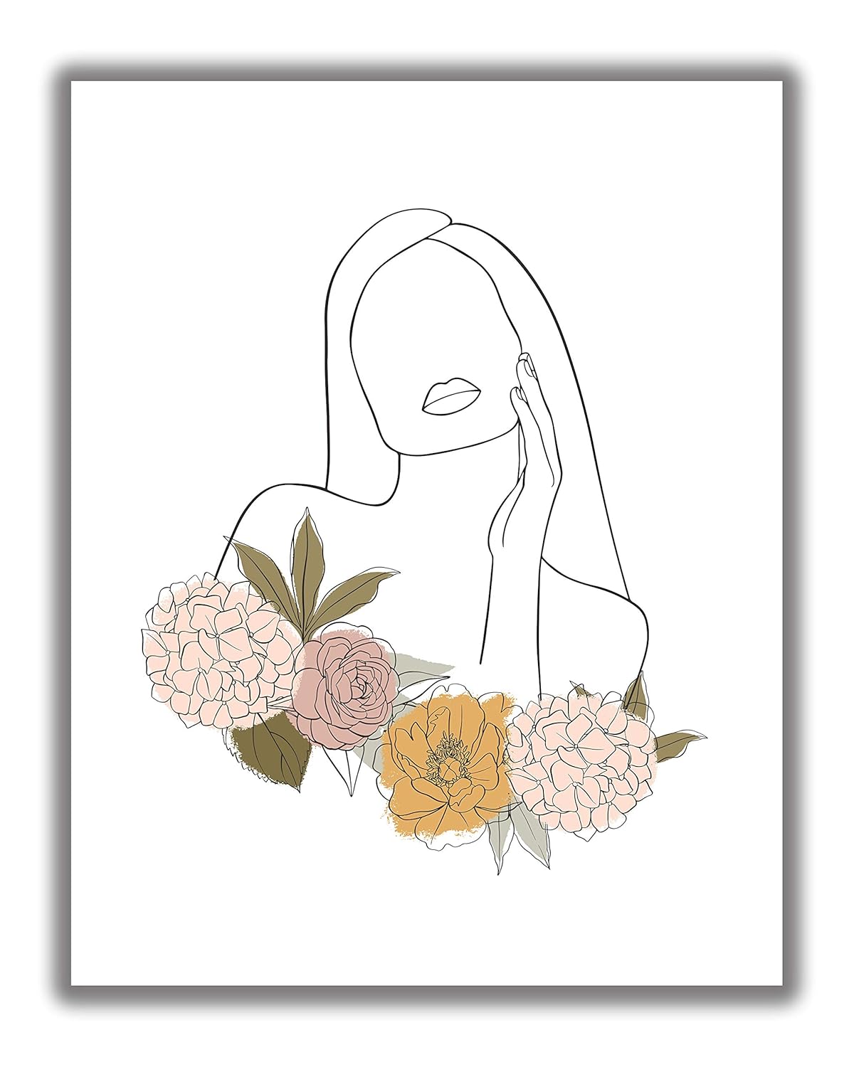Line Art Female with Flowers Wall Art. 11x14 UNFRAMED Print. Abstract, Minimalist, Nordic, Modern Wall Decor for the Home. Black, White, Pink, Purple, Gold,Green.