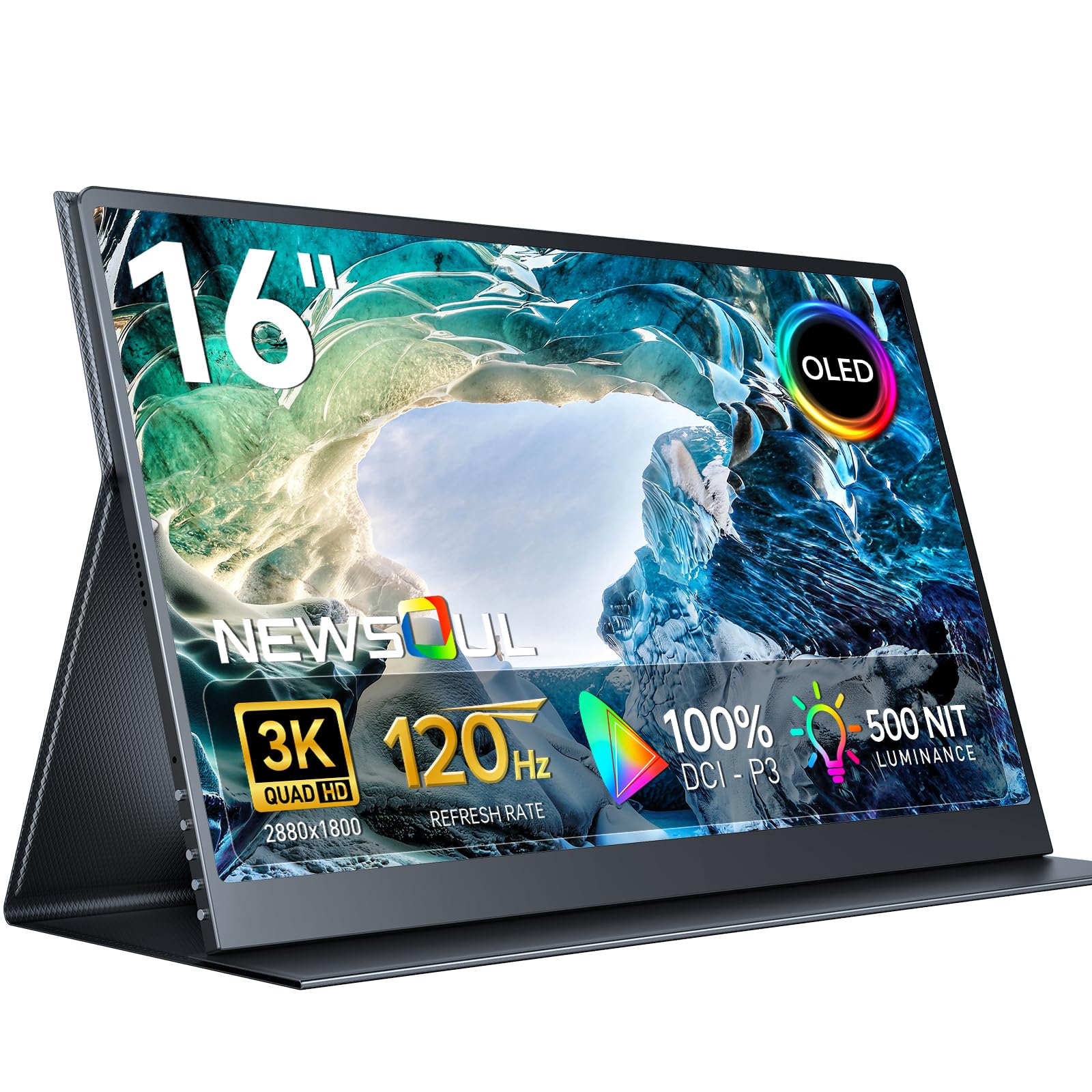 Photo 1 of Newsoul OLED Portable Monitor 16", 3K 2880x1800 120Hz 1ms Portable Gaming Display?500 Nits Brightness| 100000:1 Contrast| 100% DCI-P3| Ultra-Slim Travel Monitor for Laptop PC Phone Game Consoles