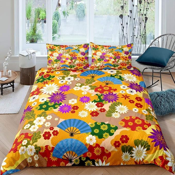 Erosebridal JapaneseStyle Bedding Set, Exotic Floral Duvet Cover for Kids Boys