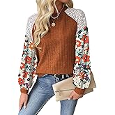 SKVON Floral Tops for Women Patchwork Long Sleeve Ribbed Blouses Crewneck Striped Crochet Print Shirts Lace Knit Sweaters