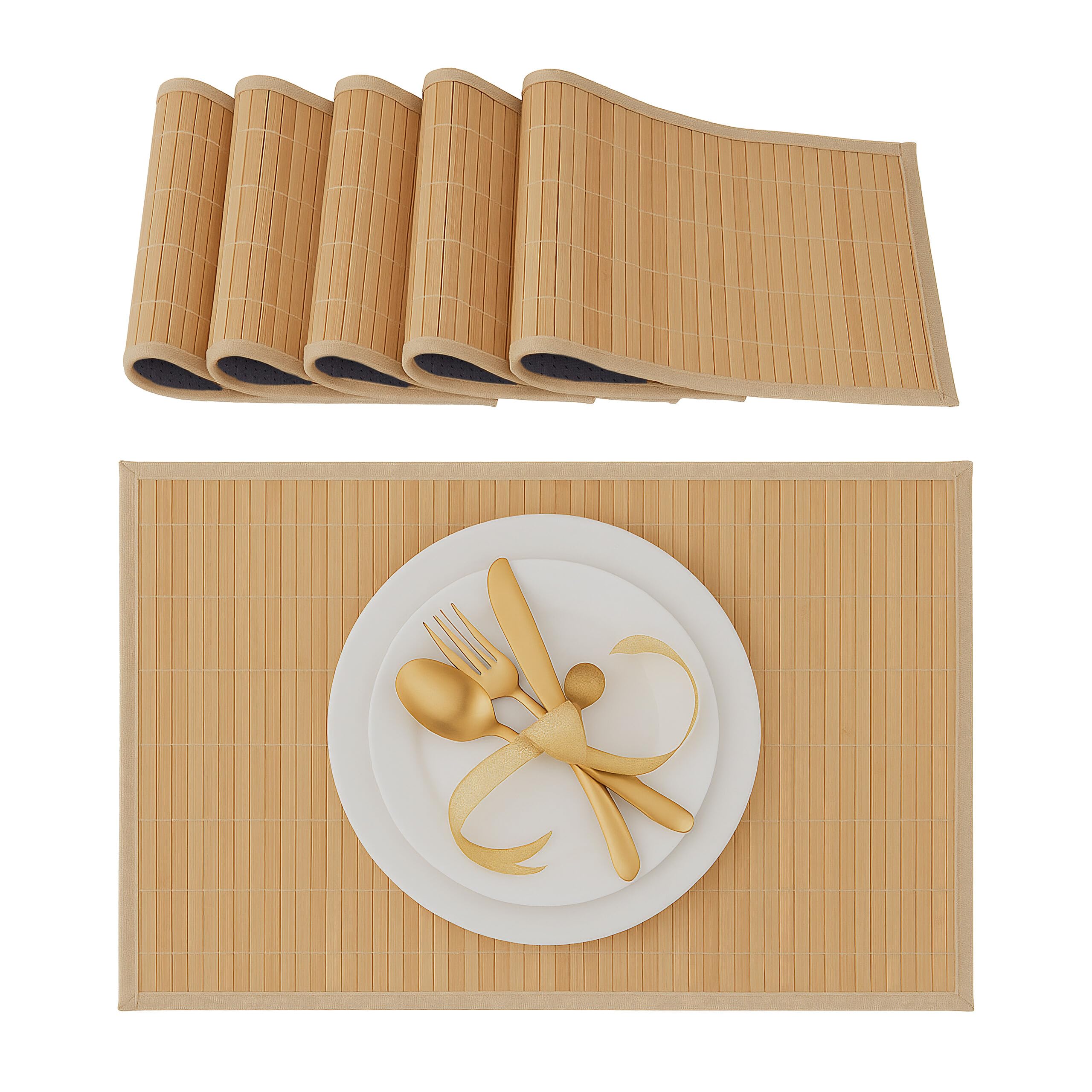 Relaxdays Place Mat Set, 6x Coaster, Tableware, Drinks, Table Protector, Square, 45 x 30 cm, Bamboo, Stylish, Natural