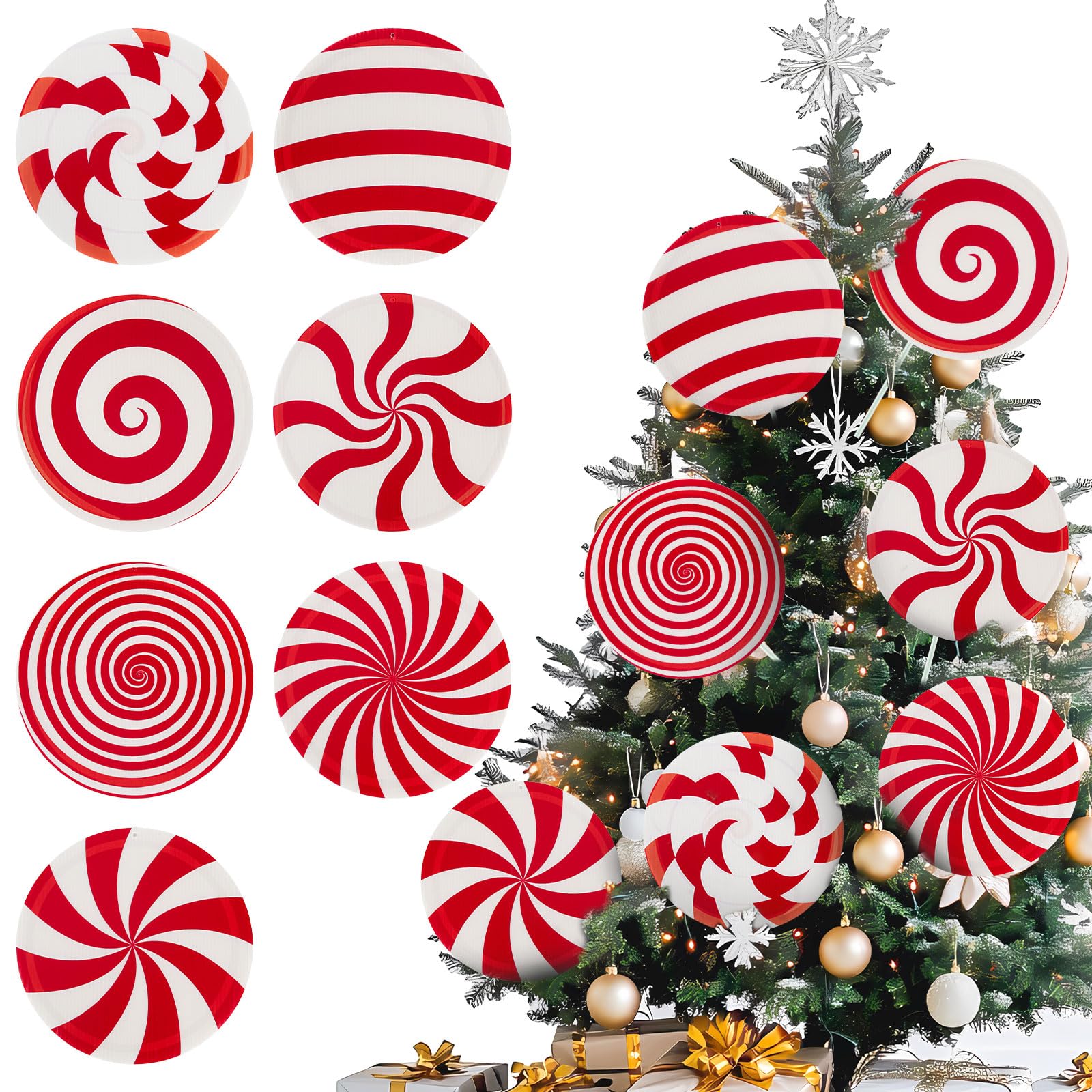 Photo 1 of 14 PCS Candy Cane Christmas Tree Decorations, 8 in Large Peppermint Lollipop Christmas Picks for Tree, Double Sided Red White Candy Ornaments for Tree Topper Home Vase Xmas Decor