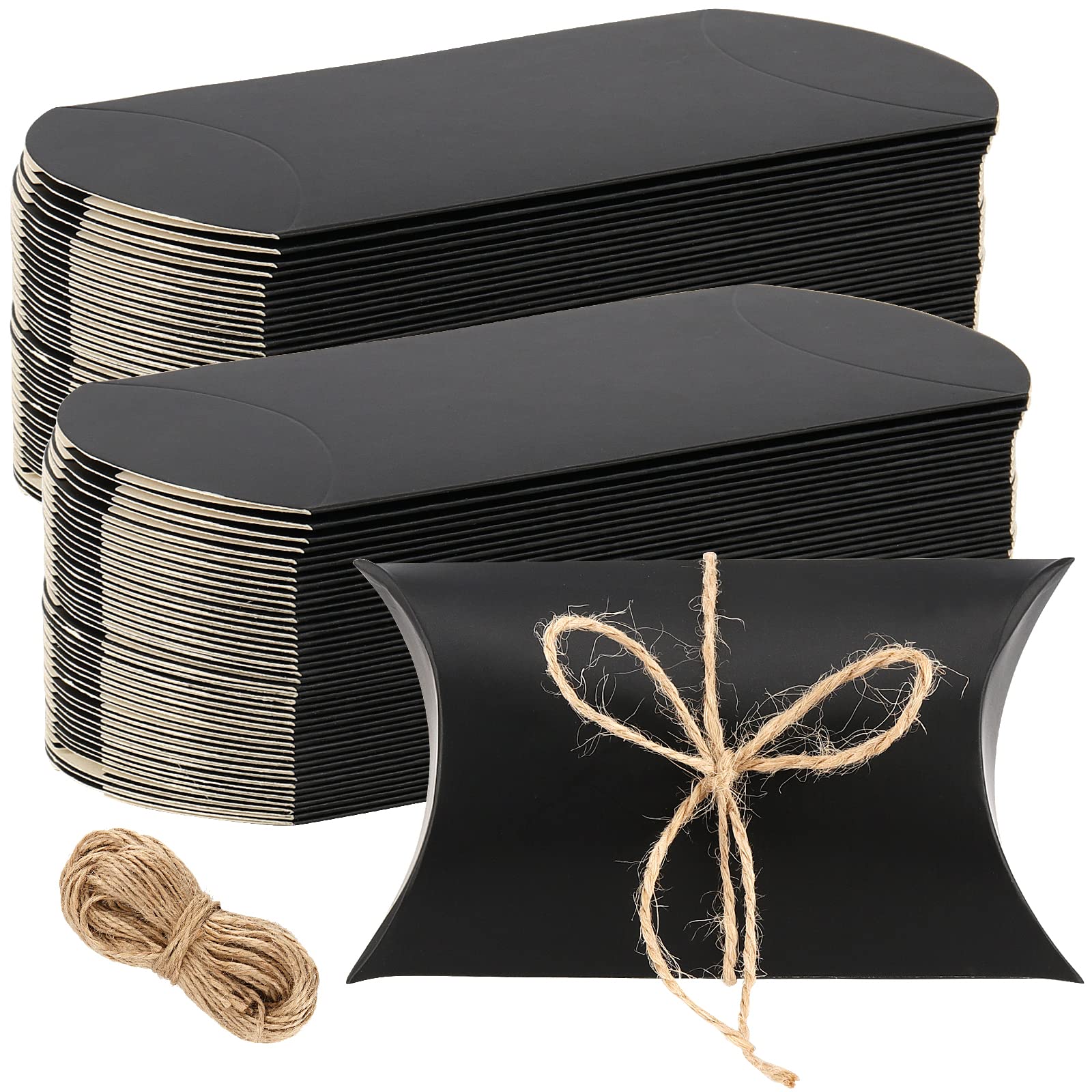 SEUNMUK 150 Pack Large Pillow Boxes, 13 x 9 cm Kraft Pillow Boxes with Jute Twines, Black Pillow Candy Box Party Wedding Favor for Anniversary, Birthday, Halloween