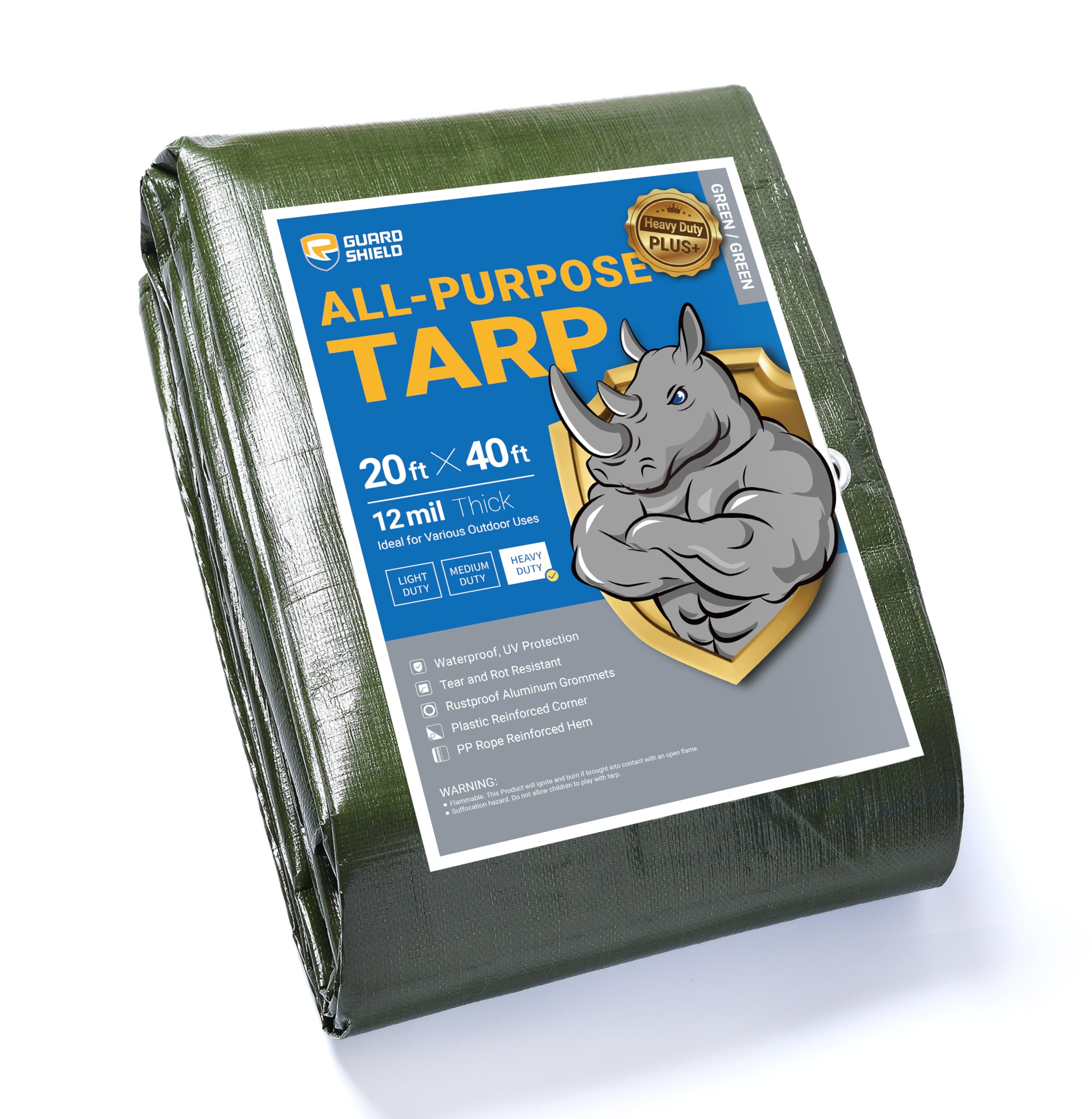 GUARD SHIELD Green Tarps Heavy Duty Plus+ Waterproof 20x40 Feet, 12mil Large Tarp with Reinforced Grommets, Outdoor Cover for Roof, Car, Boat, Truck and Ground Pool Image