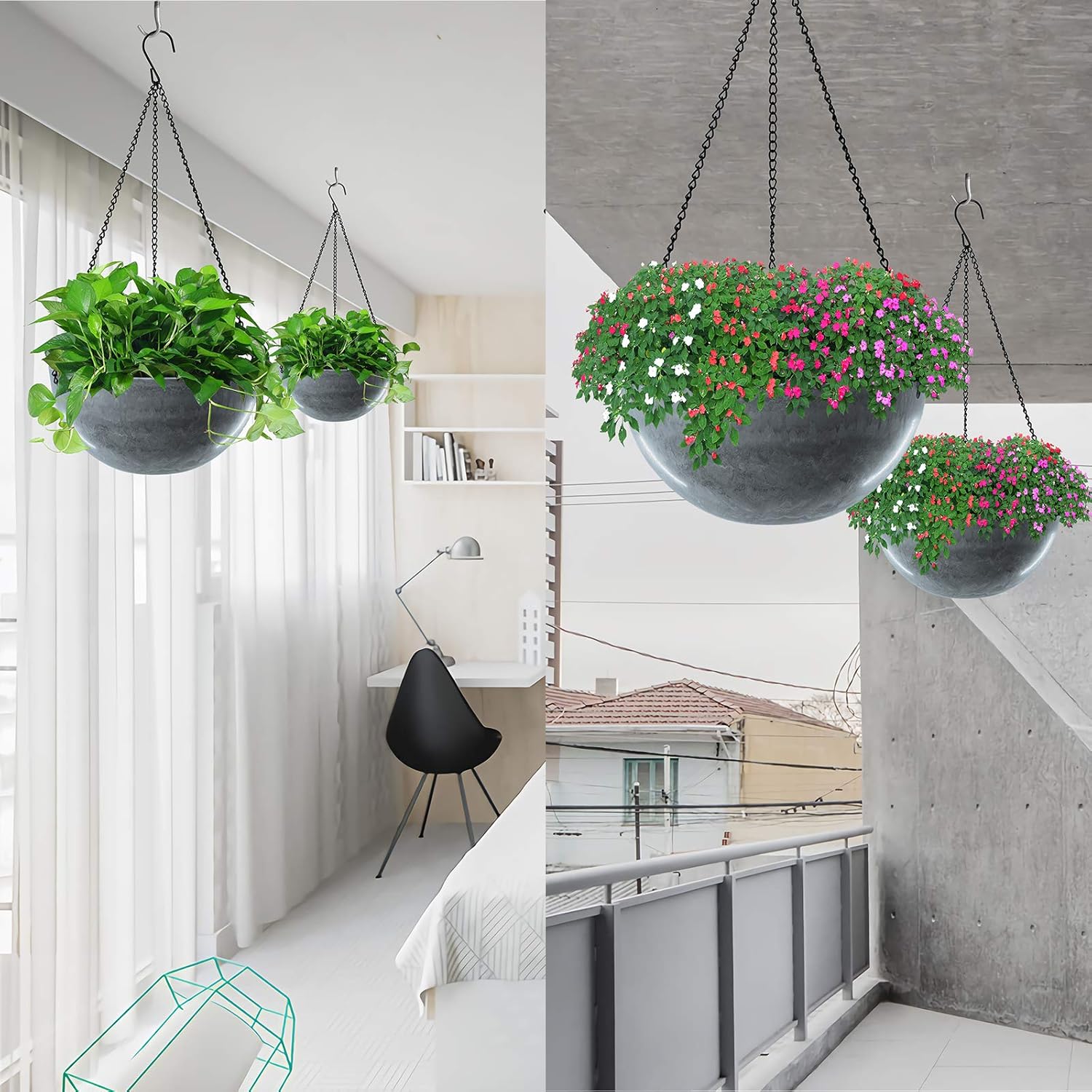Plastic Hanging Planters, wiwoo 10 Inch Hanging Pots with Drainage Hole and Plugs, Round Hanging Baskets Plant Containers with Chain for Plants Flowers Indoor Outdoor Garden Decoration (2 Pack, Blue): Kitchen & Dining