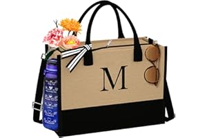 TOPEAST Jute Initial Tote Bag Burlap Beach Bag Personalized Birthday Gifts for Women Teacher Mom Bridal Bridesmaid Gifts