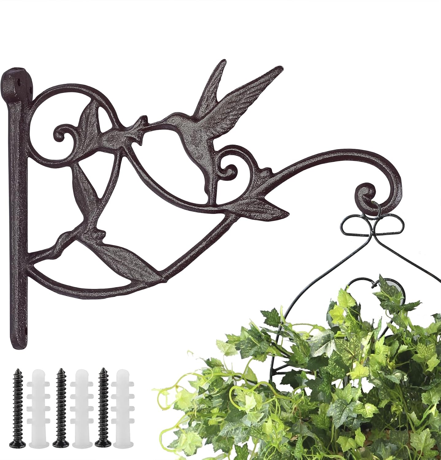 Outdoor Hanging Brackets - Livfodrm Plant Hangers Outdoor Heavy Duty Hanging Plant Bracket for Wall Indoor Garden,Cast Iron Hummingbird Feeder Hooks,Decorative Plant Hooks for Wind Chimes/Flower Pot/Lantern 1pc, Drak Brown