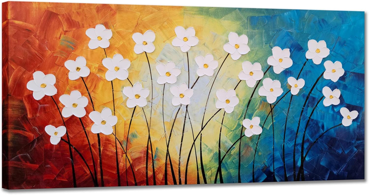 Paintings - Yihui Arts Flower Pictures Wall Decor Hand Painted 3D Light Blue Yellow Red and White Canvas Oil Paintings Modern Big Horizontal Artwork for Living Room Bedroom Nursery Decoration