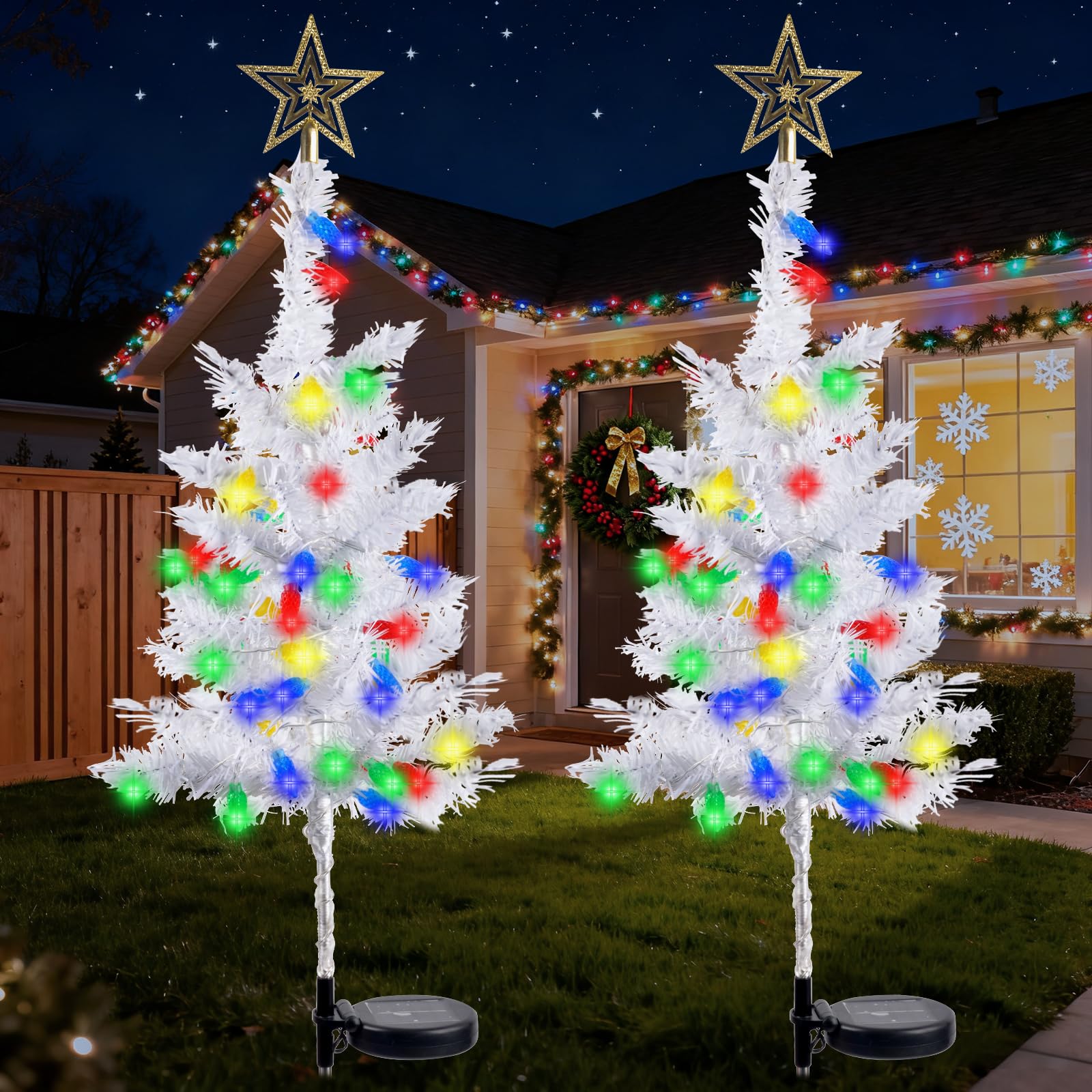 Photo 1 of 2 Pack 39'' Solar Christmas Tree Lights Outdoor - Large White Solar Christmas Tree with 100 LED Multi-Color C6 String Lights for Outside Decorations, Xmas Trees Decor for Yard Pathway Cemetery