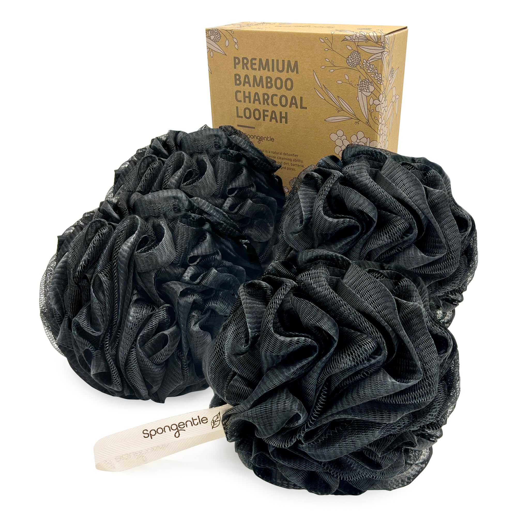 Photo 1 of Spongentle Charcoal Bamboo Premium Deep Cleansing Loofah Sponge for Radiant Skin, Pack of 4, Bath and Shower, Exfoliating Body Scrubber, Beautiful Colors for Women and Men