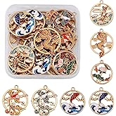 COGCHARGER 28 Pieces Round Shape Enamel Charm Deer Fish Charms Phoenix Animal Pendant Light Gold for Jewelry Necklace Bracelet Making Crafts