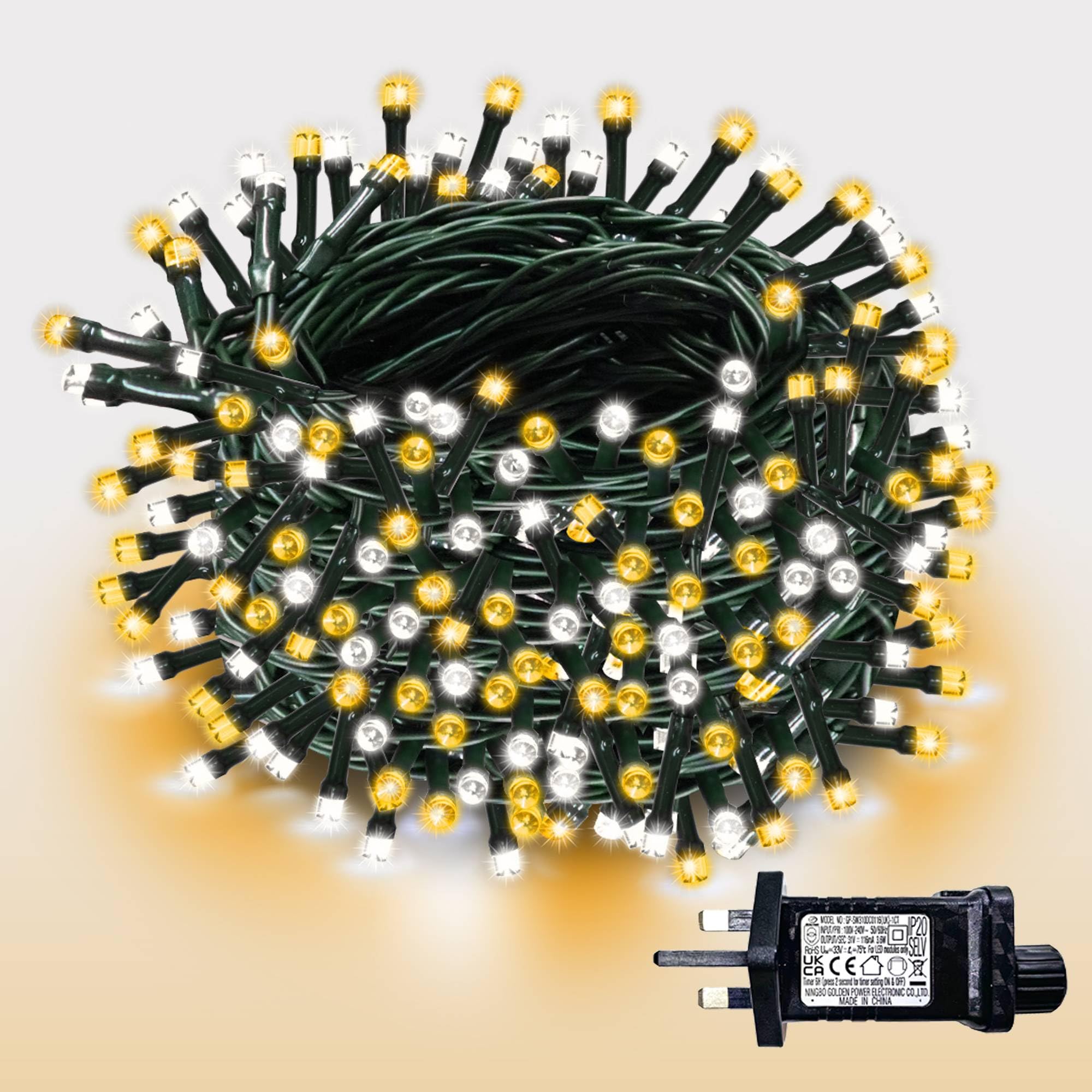 WISD Christmas Tree Lights - 200 LED 13M Dimmable Xmas Fairy Lights on Green Cable with 12 Modes, Timer and Memory - Plug in String Light for Indoor Outdoor Garden Bedroom Party Decor (Warm + White)