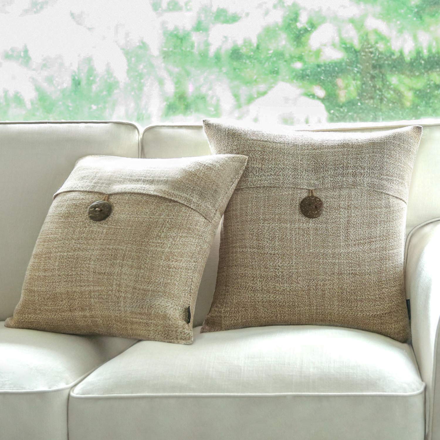Phantoscope Set of 2 Button Beige Linen Decorative Throw Pillow Case Cushion Cover 18"X18 New