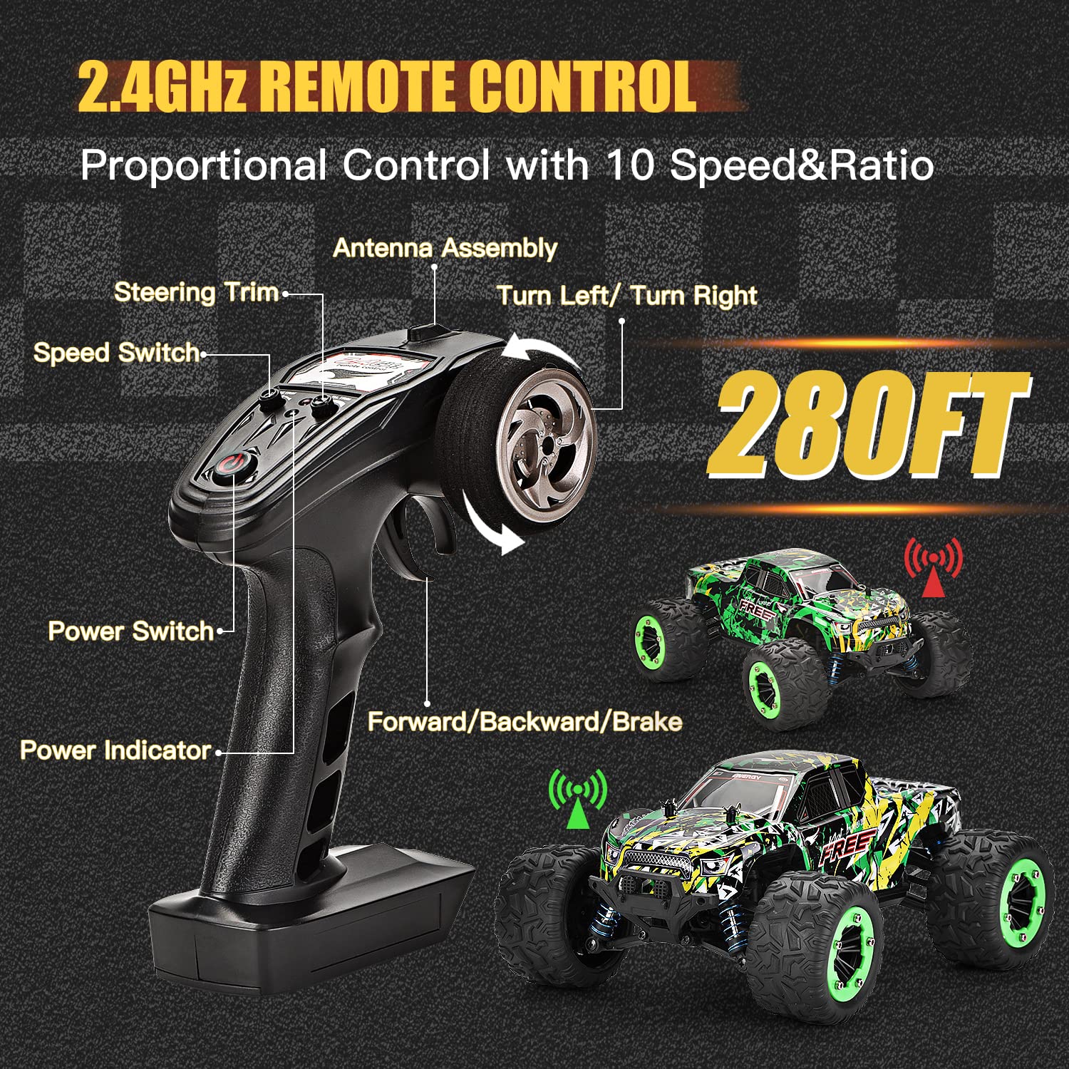 WIAORCHI 1:18 Scale 2.4Ghz All-Terrain RC Cars, 40KM/H High Speed 4WD Remote Control Car for Adults Kids, Waterproof Off -Road RC Monster Trucks with 2 Batteries for 40Min Play, RC Toys Gifts for Boys