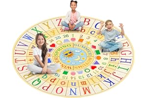 Booooom Jackson Kids Rug Classroom ABC Mat 6'6''x6'6'' Round Rugs for Preschool Nursery Circle Alphabet Rug Elementary Playmat Area Rug Educational Carpet (Beige, 79" Lx79 W)