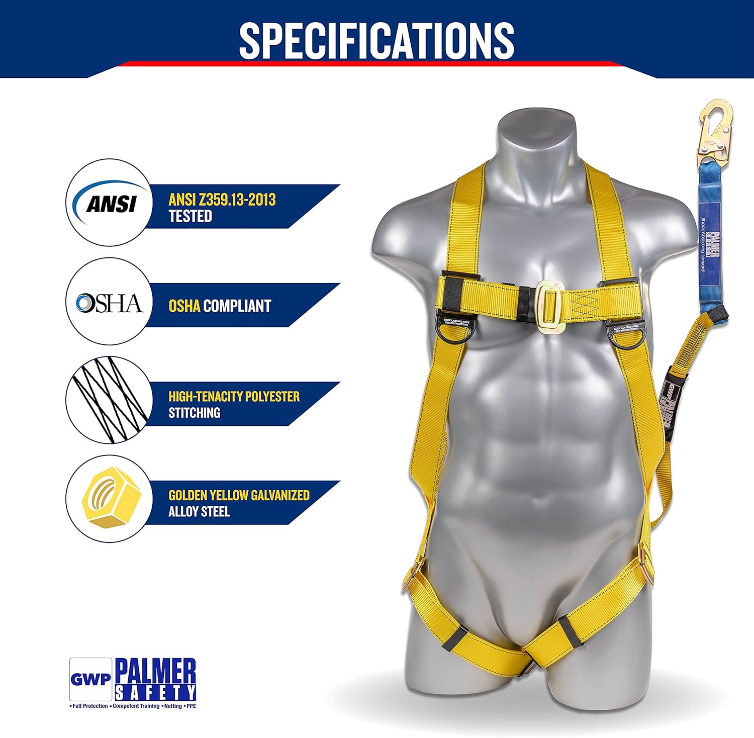Palmer Safety Fall Protection Safety Harness w/Detachable 6' Single Leg Lanyard I EXTERNAL Shock Absorber Lanyard I OSHA/ANSI Fall Arrest Kit I Ideal for Industrial & Construction Use (Yellow - 1pk) - - 