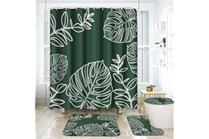 ArtSocket Green Palm Leaf Bathroom Set with Shower Curtain and Rugs and Accessories, Tropical Boho Shower Curtain Set,Flower Floral Shower Curtain for Bathroom Decor 4 Pcs