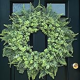 26'' Eucalyptus and Boston Ferns Wreath for Front Door - Large Artificial Greenery Outdoor Wreath for Porch,Window,Farmhouse,Home,Hanging Decor- Spring, Summer, All Seasons (Gray-Green)