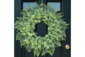 YXZZWL 26'' Eucalyptus and Boston Ferns Wreath for Front Door - Large Artificial Greenery Outdoor Wreath for Porch,Window,Farmhouse,Home,Hanging Decor- Spring, Summer, All Seasons (Gray-Green)