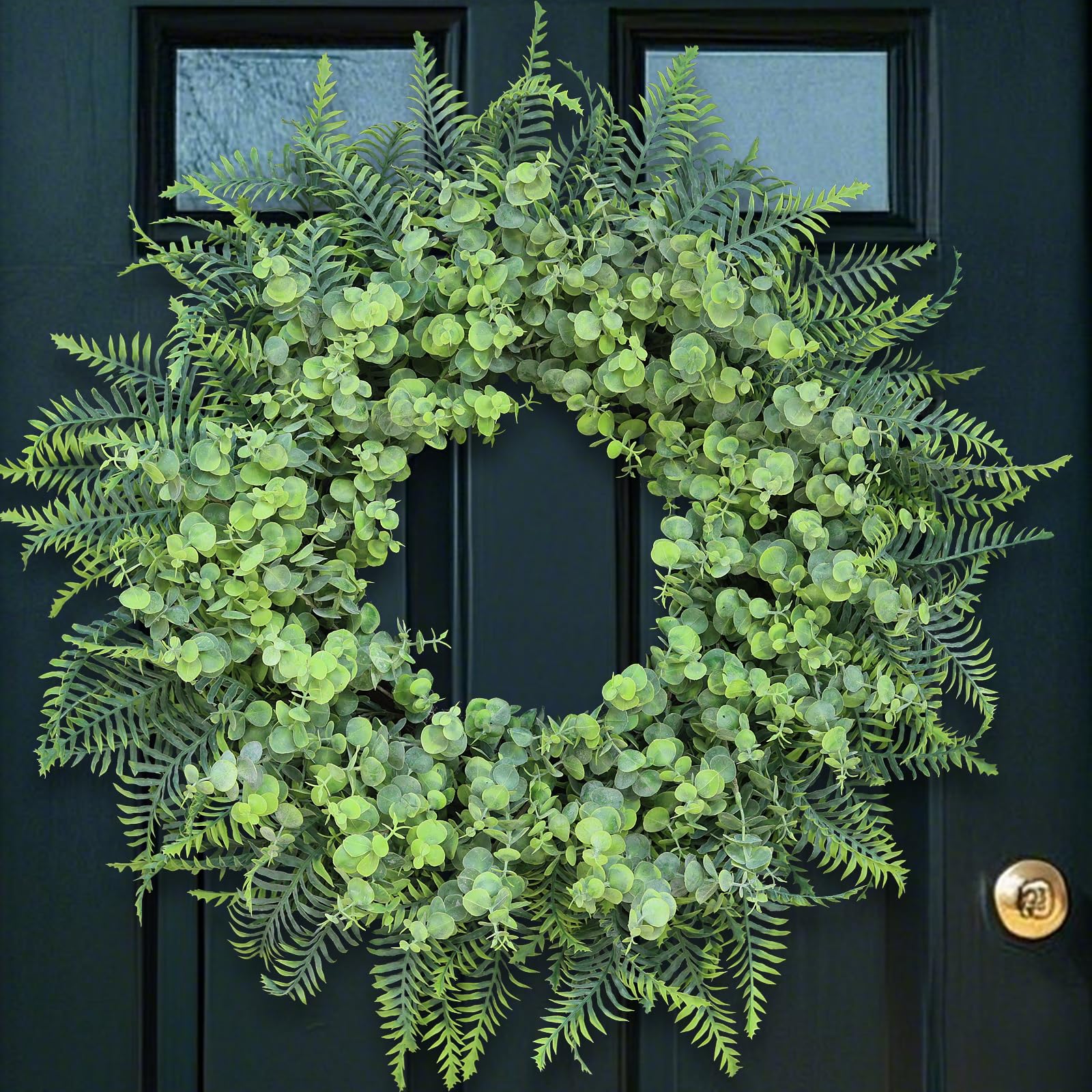 Photo 1 of 26'' Eucalyptus and Boston Ferns Wreath for Front Door - Large Artificial Greenery Outdoor Wreath for Porch,Window,Farmhouse,Home,Hanging Decor- Spring, Summer, All Seasons (Gray-Green)
