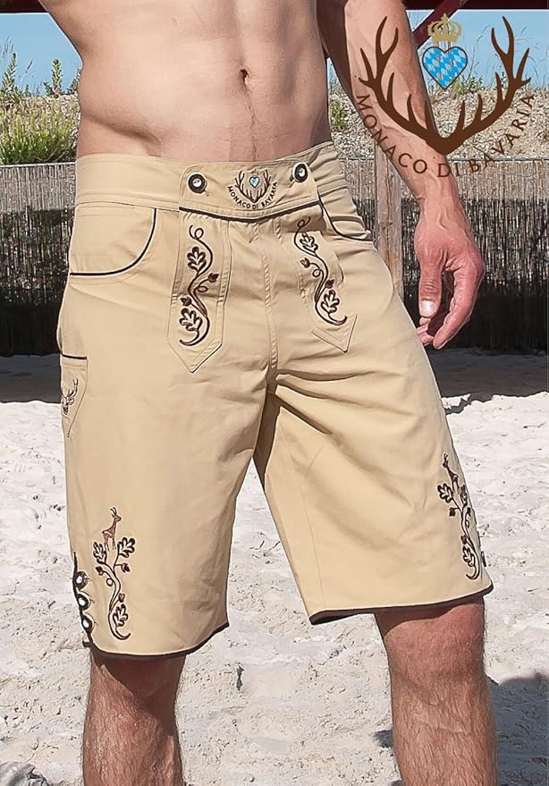 Monaco di Bavaria die Lederbadehose mit VOLLSTICKEREIEN, Bermudashorts, Trachten Badehose, Badelederhose als Geschenk