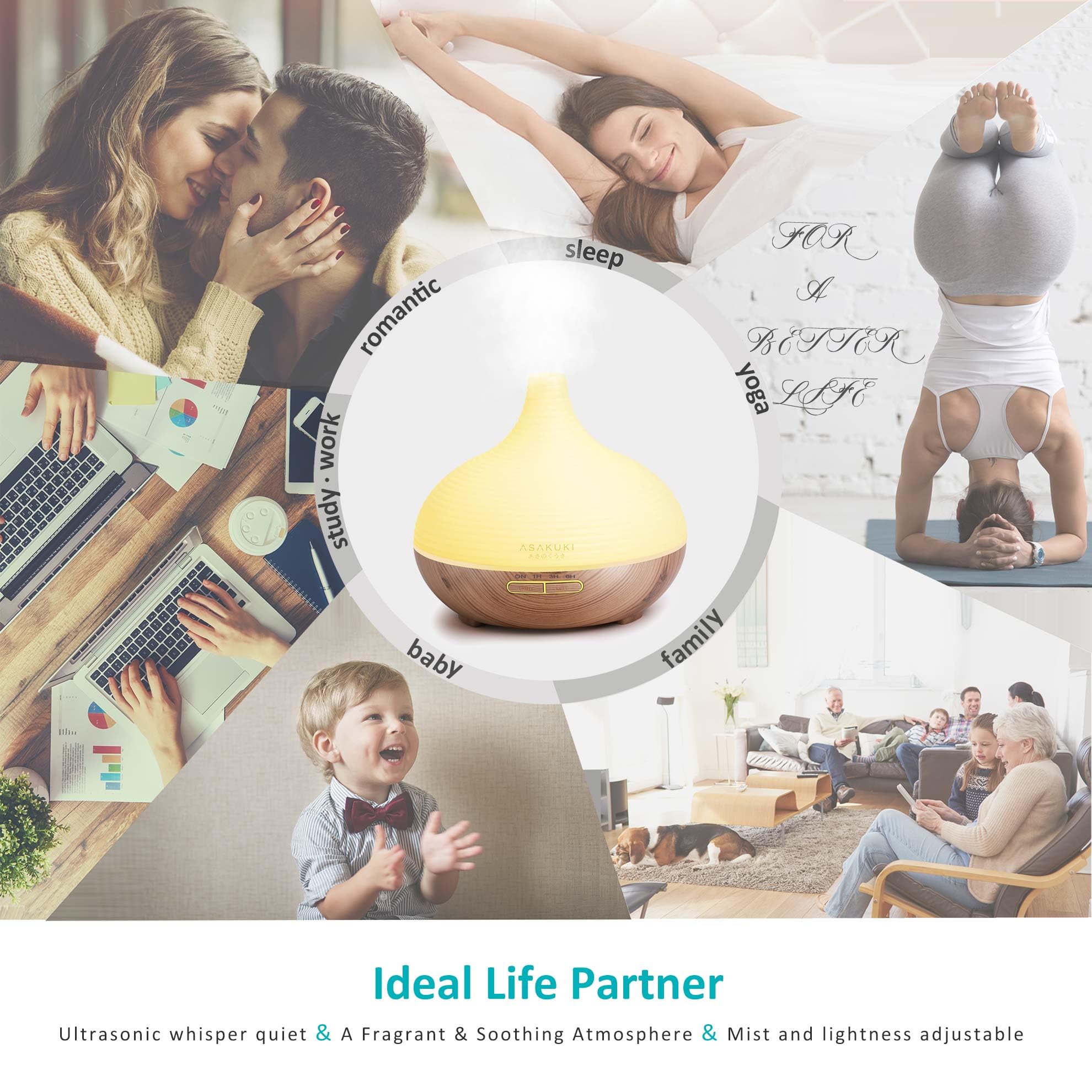 ASAKUKI 300ML Essential Oil Diffuser, Wood Grain BPA-Free Whisper Quiet Cool Mist Humidifier, Natural Home Fragrance Diffuser with 14 Colors LED Lights and Easy to Clean - Light Brown