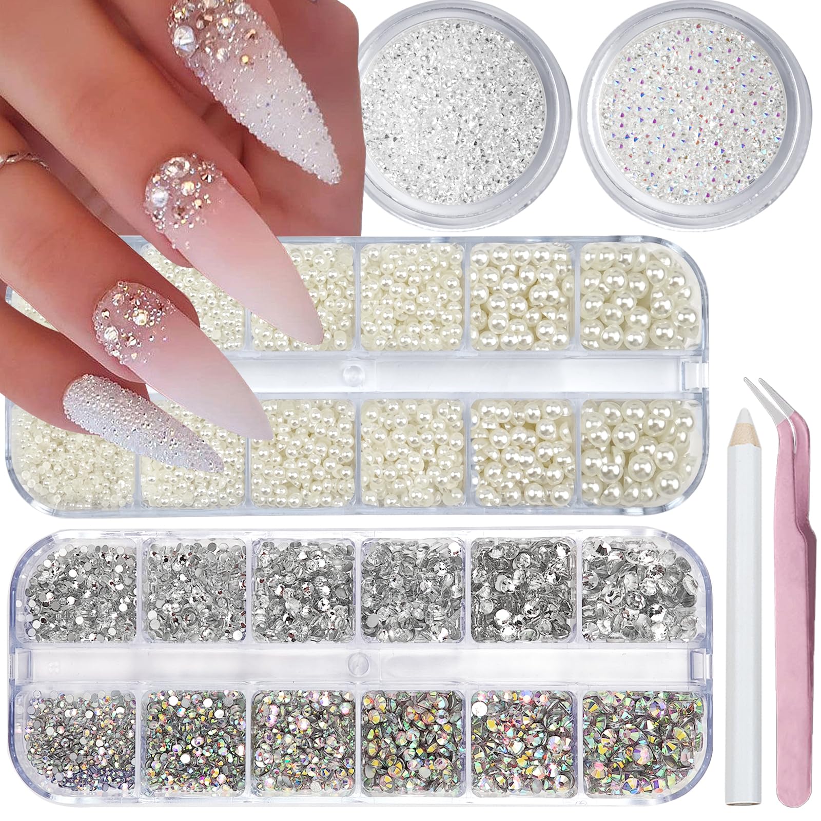 Photo 1 of 4 Boxes Flatback Rhinestones and Pearls Nail Charms for Acrylics - Crystals, Half Rounds, and Accessories for DIY Nail Art Decor