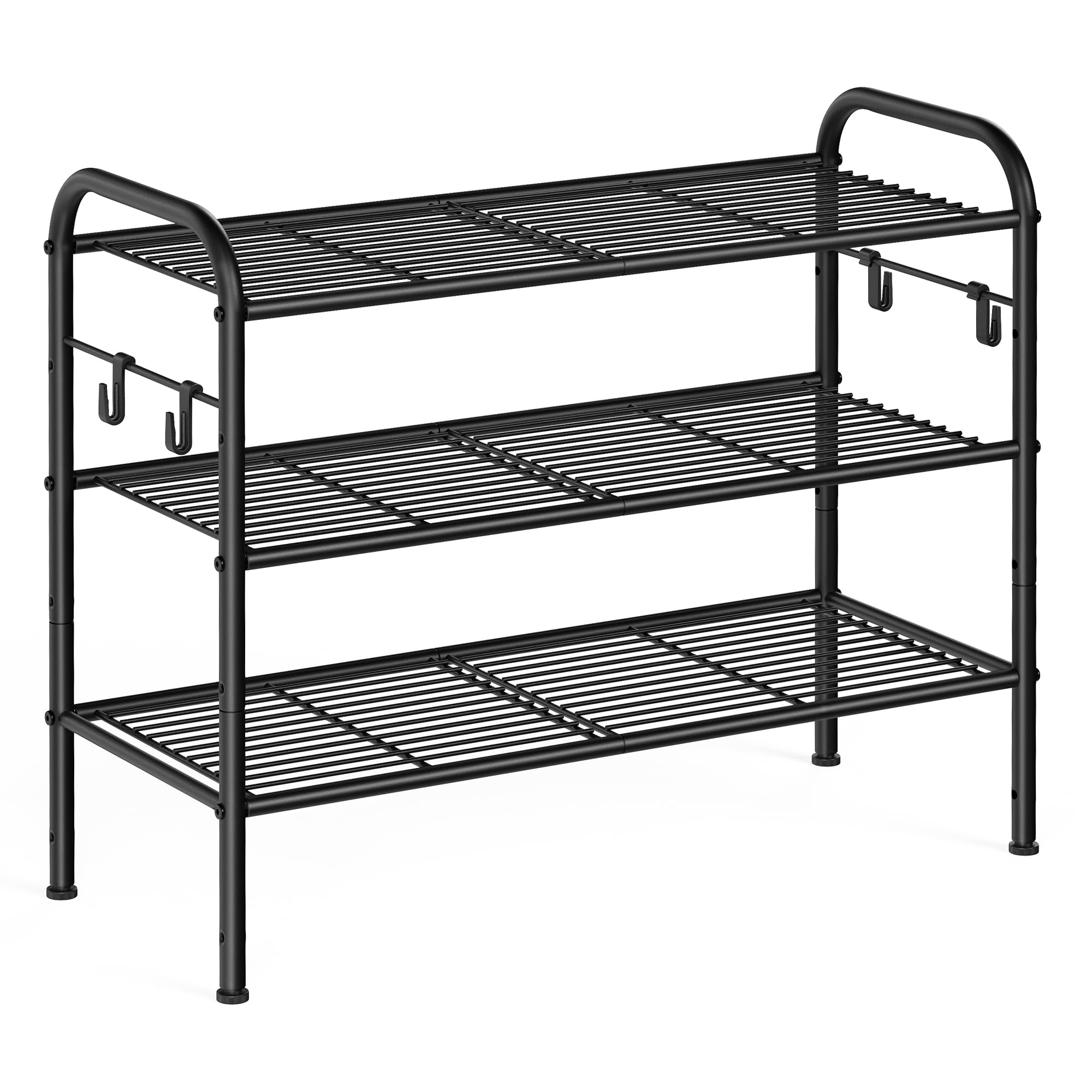 SONGMICS Shoe Rack, 3-Tier Shoe Organizer, Metal Shoe Shelf Storage with 4 Side Hooks, Holds 12 Pairs of Shoes, Height-Adjustable Shoe Rack for Entryway, Hallway, Closet, Easy Assembly, Ink Black Image