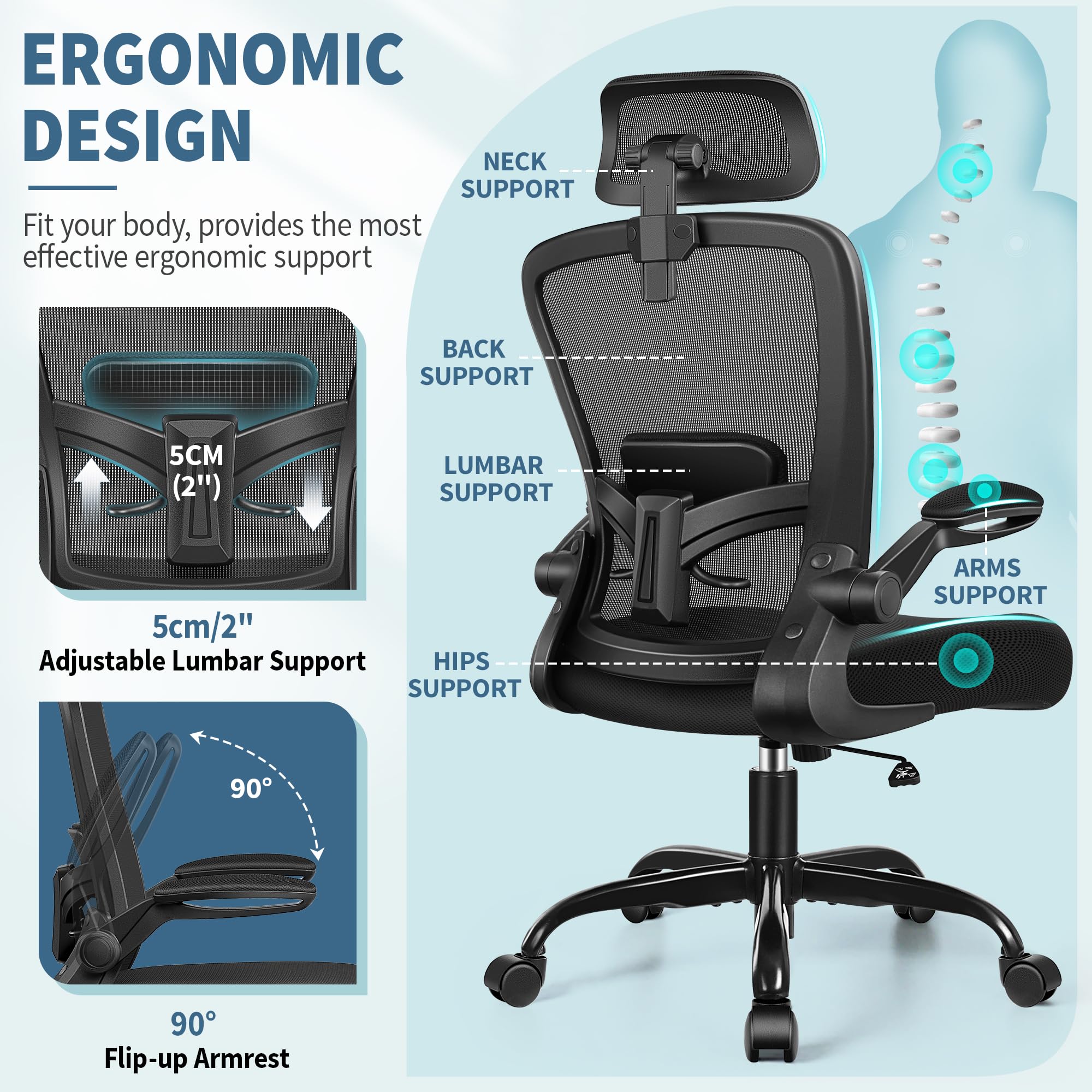 FelixKing Ergonomic Office Chair, Headrest Desk Chair with Adjustable Lumbar Support, Home Office Swivel Task Chair with High Back and Armrest, Adjustable Height Gaming Chair(Black)